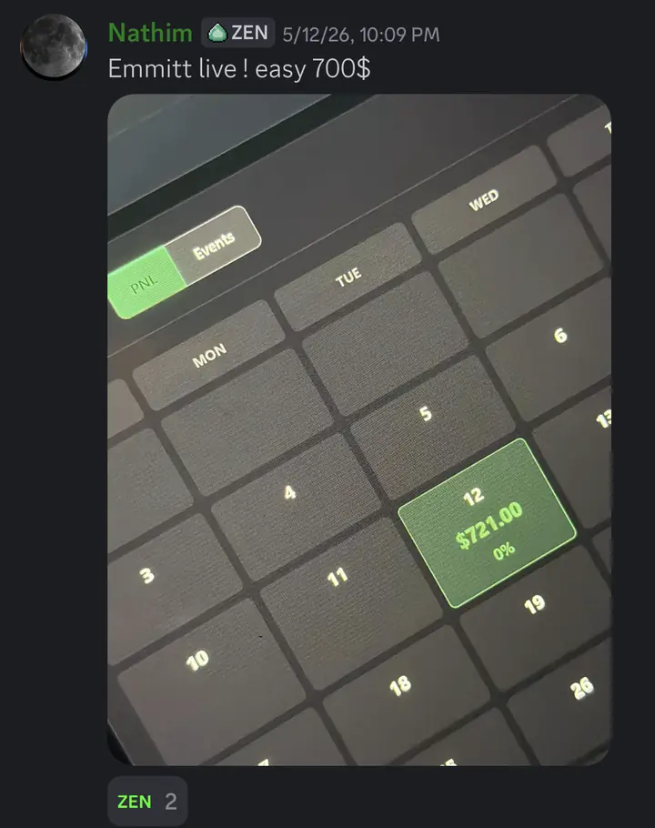 Nathim: Emmitt live, easy 700$, with a P&L calendar showing $721.00